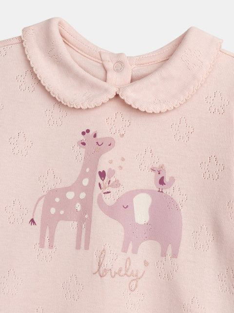 Pink Pointelle Giraffe Print Cotton Sleepsuit