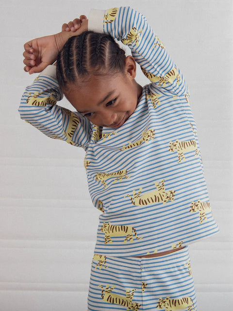 Blue Stripe Lion Print Cotton Pyjamas