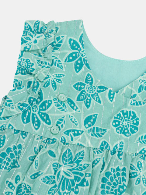 Green Floral Print Cotton Dress With Bloomers
