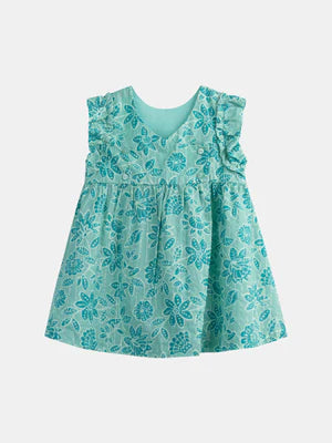Green Floral Print Cotton Dress With Bloomers