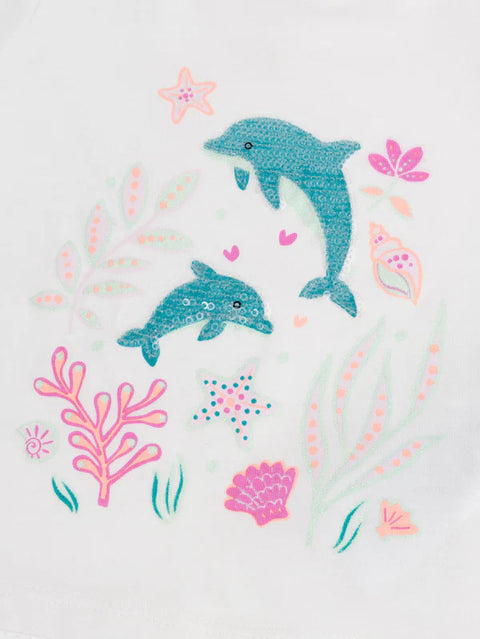 Off White Sequined Dolphin Print Cotton T-shirt