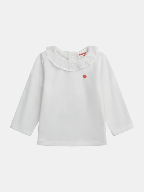 White Cotton T-shirt With Ruffle Collar