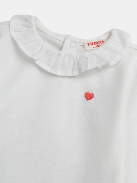 White Cotton T-shirt With Ruffle Collar