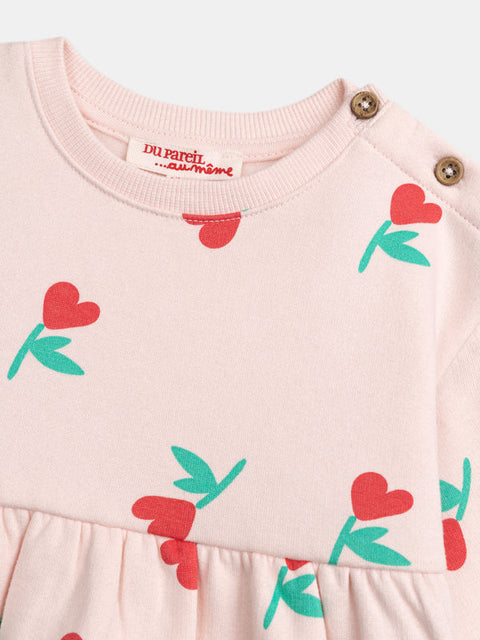 Pink Floral Print Cotton Fleece Dress