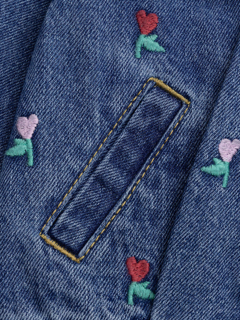Floral & Heart Embroidered Denim Jacket