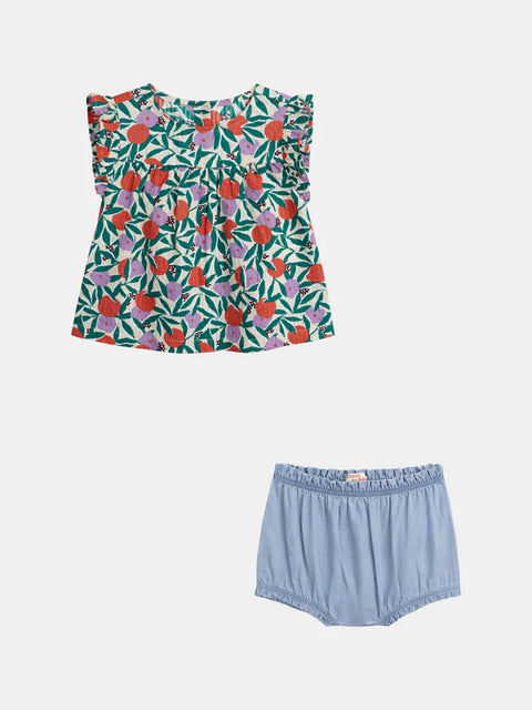 Floral Print Cotton Blouse With Denim Bloomers