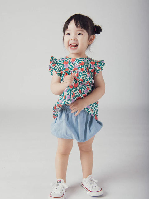 Floral Print Cotton Blouse With Denim Bloomers