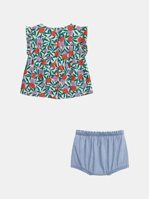 Floral Print Cotton Blouse With Denim Bloomers