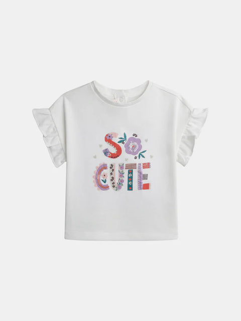 White Ruffle Sleeve Printed Cotton T-shirt