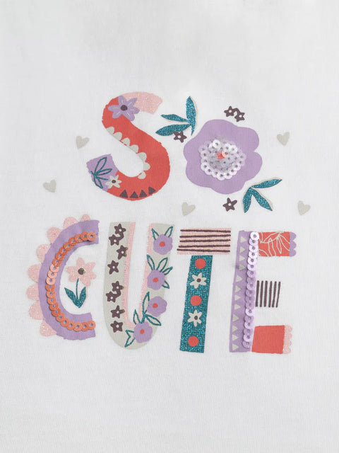 White Ruffle Sleeve Printed Cotton T-shirt