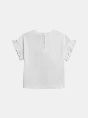White Ruffle Sleeve Printed Cotton T-shirt