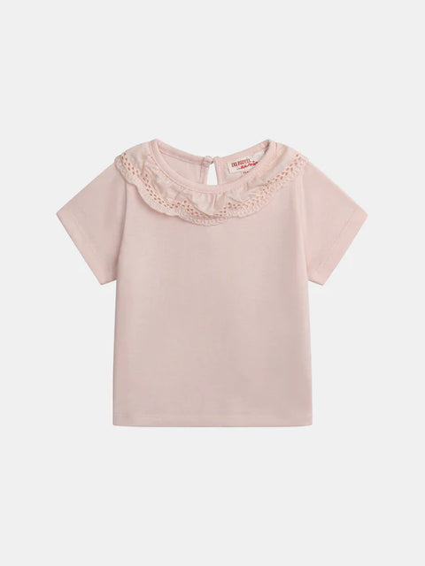 Pink Short Sleeve Cotton T-shirt With Borderie Anglaise Collar