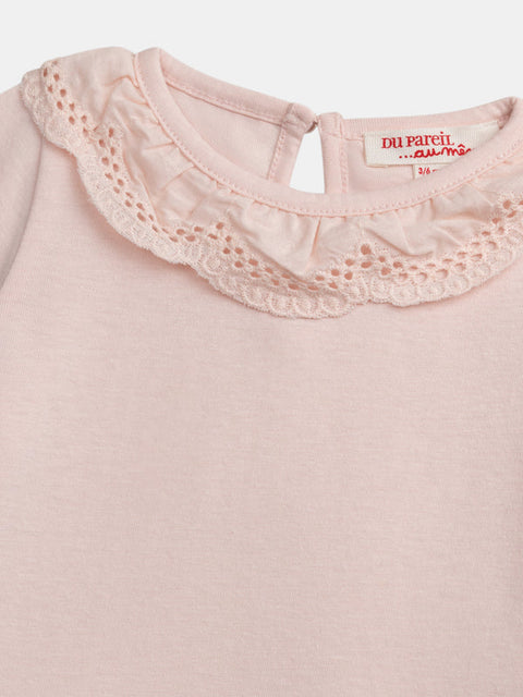 Pink Short Sleeve Cotton T-shirt With Borderie Anglaise Collar