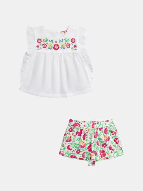 Embroidered Cotton T-Shirt & Floral Print Cotton Shorts