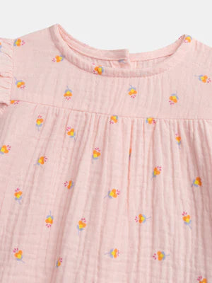 Pink Printed Double Gauze Cotton Blouse & Leggings