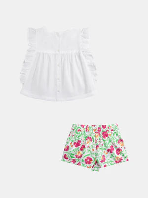 Embroidered Cotton T-Shirt & Floral Print Cotton Shorts