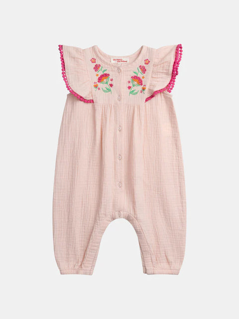 Pink Embroidered Cotton Gauze Dungarees