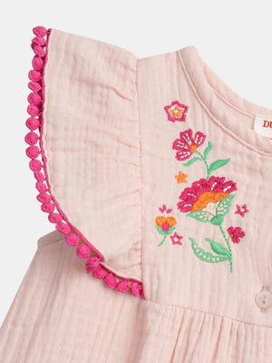 Pink Embroidered Cotton Gauze Dungarees