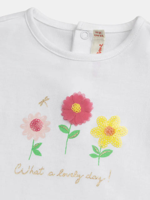 White Floral Print Cotton T-shirt