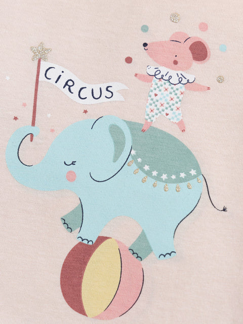 Pink Circus Print Cotton T-shirt With Collar