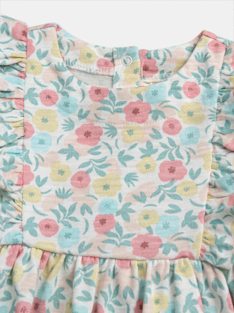 Cream Floral Print Jersey Cotton Dress