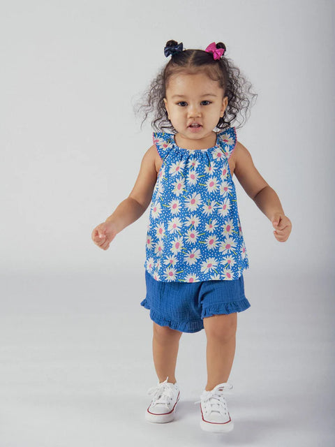 Blue Daisy Print Cotton Top With Matching Shorts