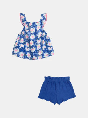 Blue Daisy Print Cotton Top With Matching Shorts