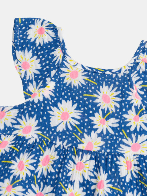 Blue Daisy Print Cotton Gauze Dress