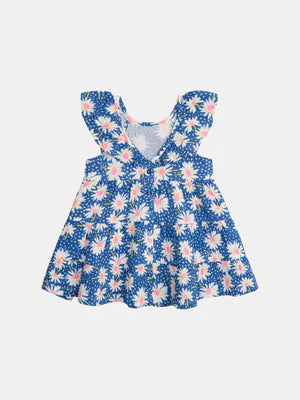 Blue Daisy Print Cotton Gauze Dress