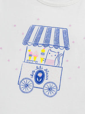 White Ice Cream Cart Print Cotton T-shirt