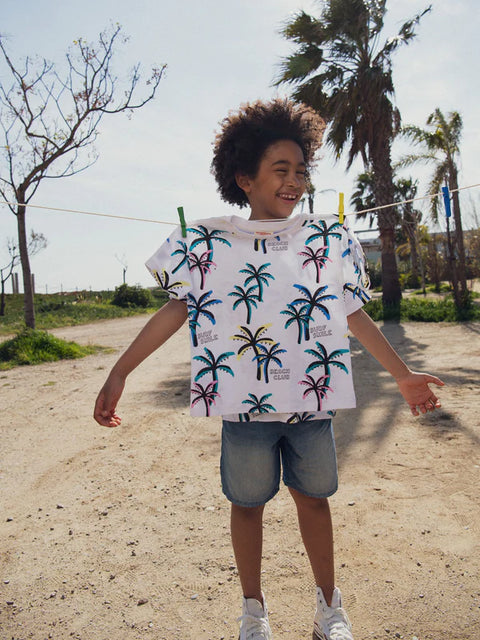 White Palm Tree Print Cotton T-shirt