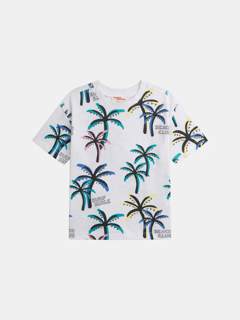 White Palm Tree Print Cotton T-shirt