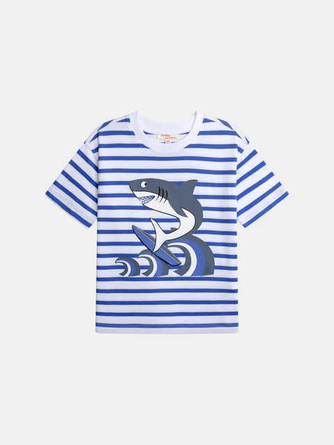 Blue Stripe Shark Print Cotton T-shirt