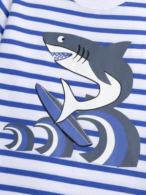 Blue Stripe Shark Print Cotton T-shirt