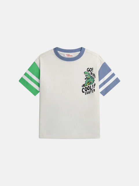 White Cotton T-shirt With Striped Sleeves