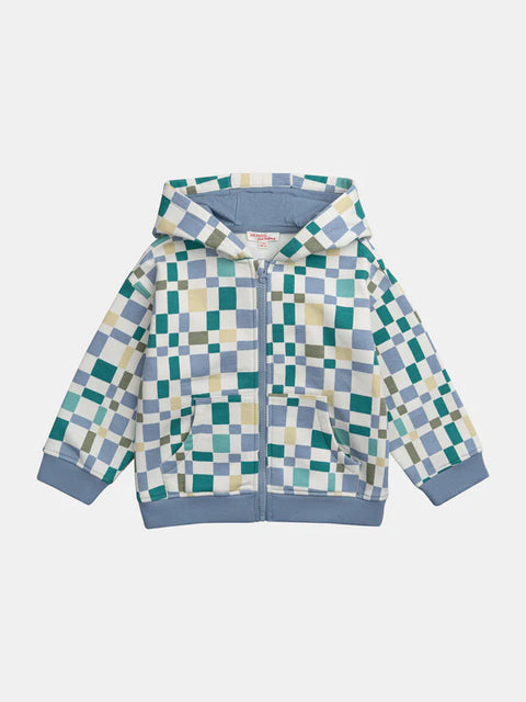 Cream & Blue Check Cotton Fleece Hoodie
