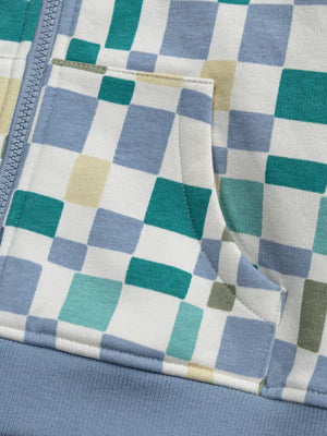 Cream & Blue Check Cotton Fleece Hoodie