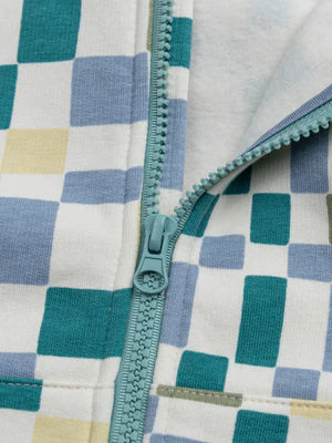 Cream & Blue Check Cotton Fleece Hoodie