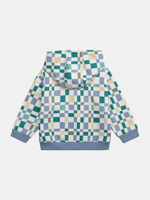 Cream & Blue Check Cotton Fleece Hoodie