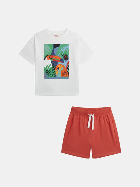 Off White Printed Cotton T-shirt With Red Shorts