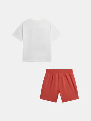 Off White Printed Cotton T-shirt With Red Shorts