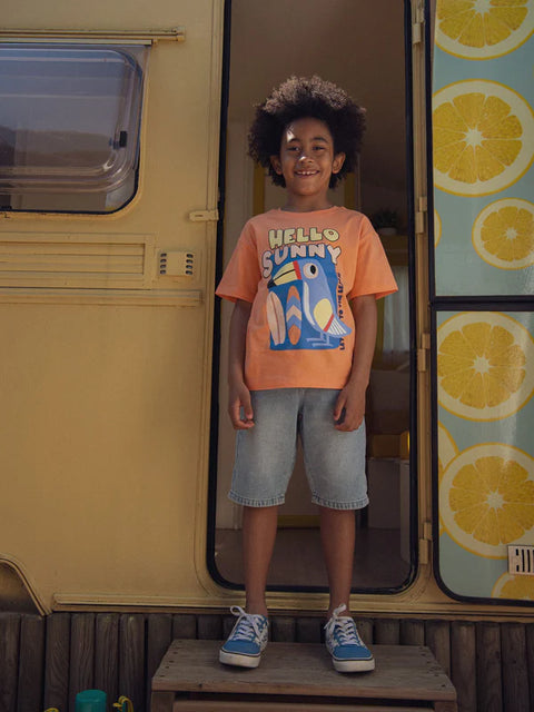 Orange Toucan Print Cotton T-shirt