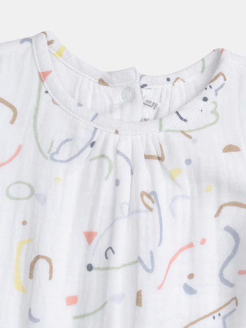 Newborn White Printed Double Gauze Cotton All In One