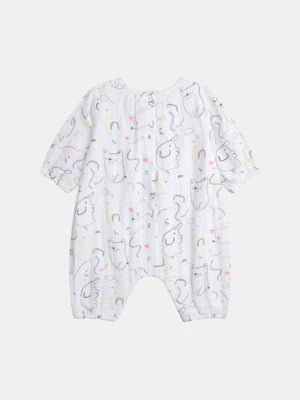Newborn White Printed Double Gauze Cotton All In One