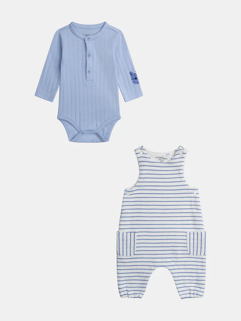 Newborn Blue Ribbed Cotton Bodysuit & Stripe Cotton Dungarees