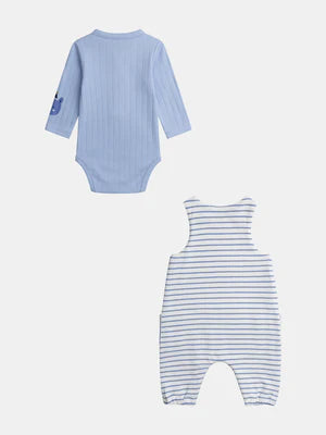 Newborn Blue Ribbed Cotton Bodysuit & Stripe Cotton Dungarees