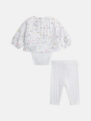 White Printed T-shirt/Bodysuit With Matching Leggings