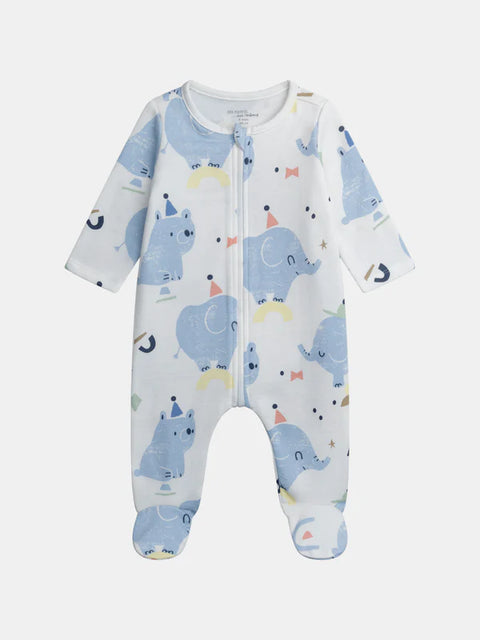 Newborn White Elephant Print Cotton Sleepsuit