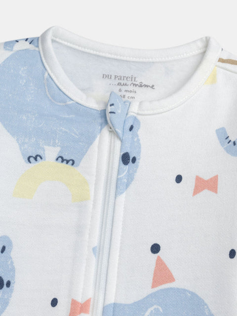 Newborn White Elephant Print Cotton Sleepsuit