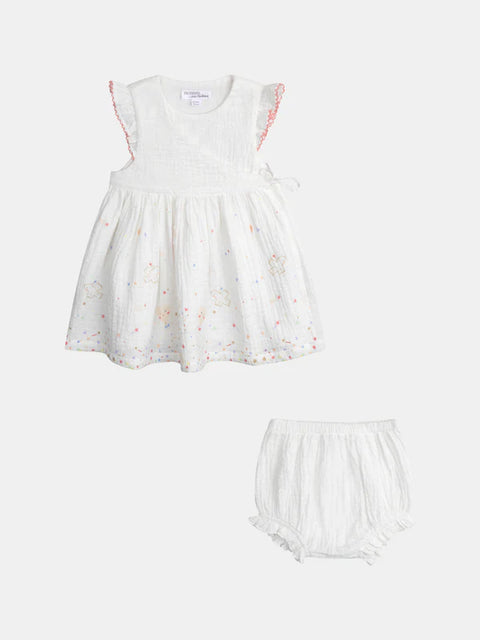 Newborn White Printed Cotton Dress with Matching Bloomers